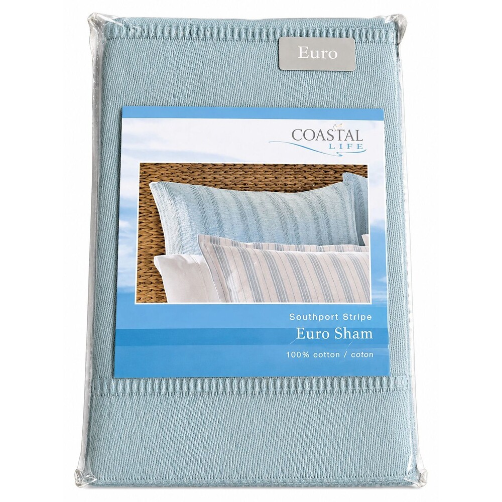 Coastal Life Southport Stripe Euro Pillow Sham 26x26 Blue Cotton Beach Dorm